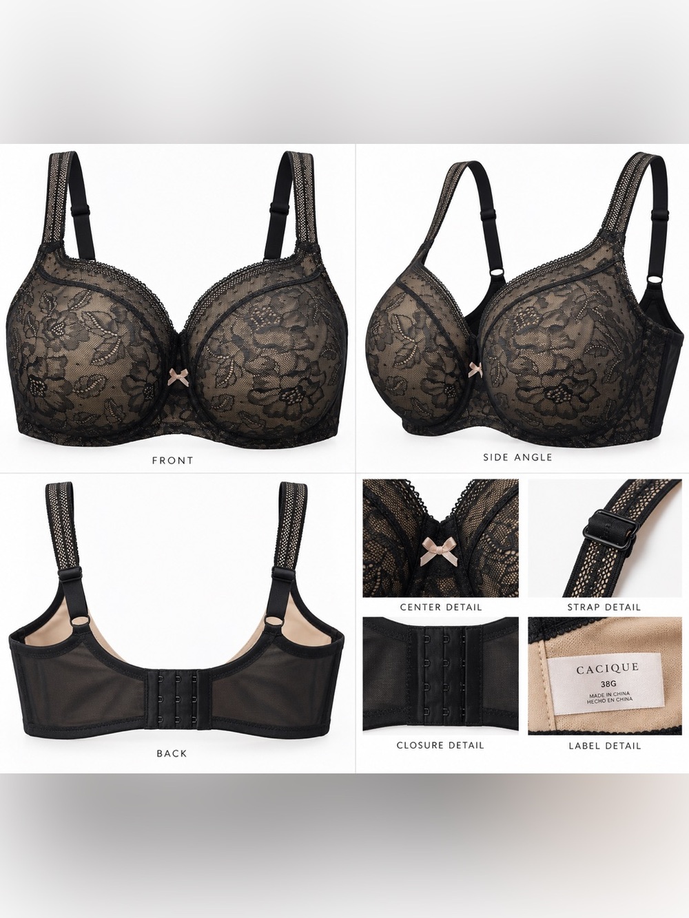 Cacique Modern Lace Lightly Lined Balconette Bra Black Nude 38G